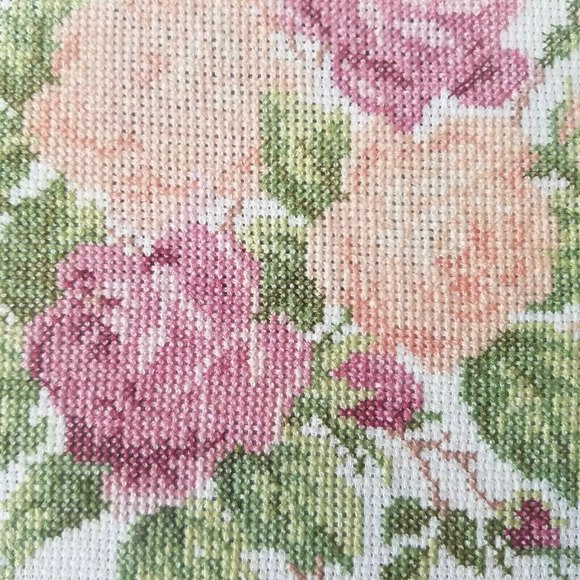 VTG Floral Needlepoint Matted Cross Stitch Pink Roses Gold Frame Flowers 12.5" - Picture 2 of 6